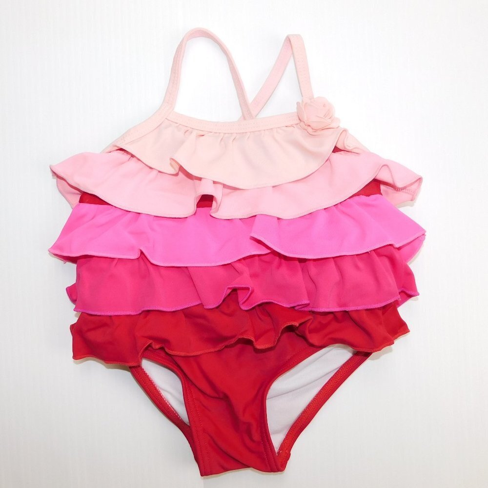 Joe Fresh Baby Girl  6-12 months Pink Red Tiered Ruffle One Piece Bathing Suit